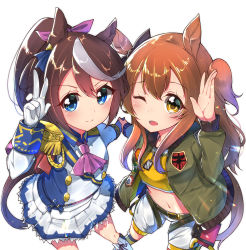 Rule 34 | 2girls, absurdres, animal ears, belt, blue eyes, boots, brown hair, commentary request, dog tags, epaulettes, gloves, hair ornament, highres, horse ears, horse girl, horse tail, jacket, long hair, looking at viewer, mayano top gun (umamusume), midriff, misonikomi, multicolored hair, multiple girls, navel, one eye closed, open mouth, ponytail, salute, shorts, smile, tail, tokai teio (umamusume), umamusume, v, white gloves, yellow eyes