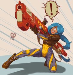 Rule 34 | !, 1girl, aiming, ankle boots, blue eyes, blue hair, blue lips, bodysuit, boots, brown footwear, brown gloves, commentary, constricted pupils, cropped jacket, english commentary, gloves, huge weapon, jacket, joakim sandberg, leather, leather jacket, lipstick, long hair, magnetic weapon, makeup, on one knee, original, ponytail, power suit, railgun, solo, strap, swept bangs, tongue, tongue out, very long hair, weapon, zipper footwear