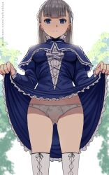 Rule 34 | 1girl, blue dress, blue eyes, breasts, closed mouth, clothes lift, commentary, dress, dress lift, gluteal fold, grey hair, highres, lawine (sousou no frieren), lifting own clothes, looking at viewer, medium breasts, panties, patreon username, simple background, solo, sousou no frieren, standing, thighhighs, thighs, underwear, white background, white panties, white thighhighs, zefrableu