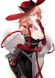 Rule 34 | 1girl, animal ear fluff, animal ears, arknights, belt, black dress, blue eyes, breasts, cat ears, chinese commentary, cleavage, commentary request, cowboy shot, dress, elbow gloves, feather boa, gloves, grey belt, hair between eyes, hand up, heidi (arknights), highres, indai (3330425), infection monitor (arknights), large breasts, long hair, looking at viewer, pink hair, red gloves, red headwear, simple background, solo, standing, white background