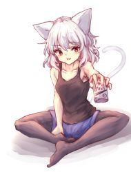 Rule 34 | 1girl, :d, absurdres, animal ears, black pantyhose, black tank top, blue shorts, can, cat ears, cat tail, fang, full body, giving, highres, holding, holding can, incoming drink, pantyhose under shorts, open mouth, original, pantyhose, red eyes, short hair, shorts, silver hair, sitting, sleeveless, smile, spread legs, tail, tank top, utinokofia