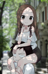 Rule 34 | 1boy, 1girl, bad id, bad pixiv id, bare shoulders, black hair, black skirt, blurry, blurry background, brown eyes, brown hair, building, carrying, child, closed mouth, commentary request, day, depth of field, forehead, highres, karakai jouzu no takagi-san, korean commentary, lace, lace-trimmed skirt, lace trim, long hair, looking at viewer, nishikata, note2000, off-shoulder shirt, off shoulder, outdoors, parted bangs, see-through, shirt, short sleeves, shoulder carry, skirt, smile, sweat, takagi-san, tree, white shirt, wide sleeves