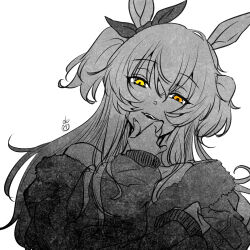 Rule 34 | 1girl, animal ears, artist logo, bow, commentary, ear bow, greyscale, hand on own chin, hand up, horse ears, long hair, long sleeves, looking at viewer, mayano top gun (umamusume), monochrome, multicolored hair, nishioki tama, off shoulder, open mouth, smile, solo, spot color, straight-on, stroking own chin, two-tone hair, umamusume, upper body, yellow eyes