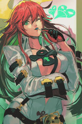 Rule 34 | 1girl, absurdres, artist name, belt, black gloves, bodysuit, breasts, cleavage, gloves, green eyes, guilty gear, guilty gear strive, highres, jack-o&#039; valentine, kornart, large breasts, long hair, long sleeves, looking at viewer, red hair, smile, solo, tagme, too many, too many belts