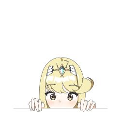 Rule 34 | 1girl, blonde hair, blush, brown eyes, commentary request, covered mouth, hands up, headpiece, mizukoromo, mythra (xenoblade), peeking out, simple background, solo, white background, xenoblade chronicles (series), xenoblade chronicles 2