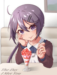 Rule 34 | 1girl, absurdres, akebono (kancolle), hair ornament, hairclip, highres, holding, holding spoon, jewelry, kantai collection, long hair, long sleeves, parfait, purple eyes, purple hair, ring, side ponytail, smile, solo, spoon, tongue, tongue out, upper body, very long hair, wedding band, yuki to hana