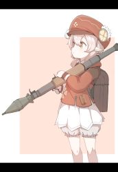 Rule 34 | 1girl, absurdres, ahoge, backpack, bag, blonde hair, cabbie hat, clover, commentary, dress, english commentary, genshin impact, hair between eyes, hat, high-explosive anti-tank (warhead), highres, holding, holding weapon, klee (genshin impact), letterboxed, long hair, long sleeves, man-portable anti-tank systems, pointy ears, red dress, red eyes, red hat, rocket-propelled grenade, rocket (projectile), rocket launcher, rpg, rpg-7, rpg (weapon), s10021, sidelocks, simple background, skirt, solo, two-tone background, weapon