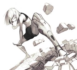 Rule 34 | 1girl, amrkdrw, bare arms, bare shoulders, bike shorts, clenched hand, dutch angle, highres, joints, legs apart, monochrome, navel, open mouth, original, outstretched arm, robot joints, short hair, simple background, solo, standing, white background