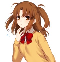 Rule 34 | 1girl, blush, bow, bowtie, brown eyes, brown hair, cardigan, collared shirt, commentary request, flying sweatdrops, hand on own face, long hair, long sleeves, looking at viewer, nemu mohu, parted bangs, parted lips, red bow, school uniform, shirt, sidelocks, simple background, solo, tsukihime, tsukihime (remake), two side up, uniform, upper body, white background, white shirt, yellow cardigan, yumizuka satsuki