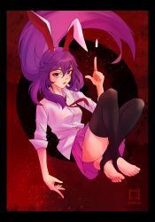 Rule 34 | absurdres, black legwear, blush, clothes lift, crossed legs, feet, highres, imperishable night, necktie, no shoes, open mouth, purple hair, rabbit ears, red background, red eyes, reisen udongein inaba, shirt, skirt, skirt lift, thighhighs, thighs, toeless legwear, toes, touhou