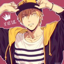 Rule 34 | 1boy, adjusting clothes, adjusting headwear, arms up, baseball cap, blonde hair, bracelet, casual, collarbone, commentary request, crown, drawstring, earrings, english text, hair between eyes, hat, hood, hood down, hoodie, jewelry, kise ryouta, kuroko no basuke, looking to the side, male focus, mashima shima, open clothes, open hoodie, outline, parted lips, pink background, purple hat, purple hoodie, shirt, short hair, single earring, solo, striped clothes, striped shirt, twitter username, upper body, white outline, white shirt, yellow eyes
