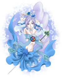 Rule 34 | 00s, 1girl, adapted costume, aono miki, armpits, arms up, bare shoulders, blue rose, bow, cure berry, dress, eyelashes, flower, fresh precure!, frills, gathers, hair ornament, hairband, heart, heart hair ornament, jewelry, lipstick, long hair, magical girl, makeup, nashe taneru, necklace, precure, purple eyes, purple hair, ribbon, rose, side ponytail, solo, spade