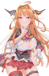 Rule 34 | 1girl, ahoge, arisaki (cnxy7525), black jacket, blonde hair, blunt bangs, blush, bow, braid, breasts, bright pupils, brooch, brown hairband, chain, cleavage, cleavage cutout, clothing cutout, collared shirt, cowboy shot, diagonal-striped bow, dragon girl, dragon horns, dragon tail, grin, hair intakes, hair over shoulder, hairband, hand up, highres, hololive, horn bow, horn ornament, horns, jacket, jewelry, kiryu coco, kiryu coco (1st costume), long hair, looking at viewer, medium breasts, miniskirt, multicolored eyes, multicolored hair, orange hair, pleated skirt, pointy ears, purple eyes, red eyes, red skirt, shirt, side-tie skirt, sidelocks, simple background, single braid, single thighhigh, skindentation, skirt, smile, solo, streaked hair, tail, thigh strap, thighhighs, virtual youtuber, white background, white pupils, white shirt