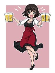 Rule 34 | 1girl, :d, alcohol, beer, beer mug, blue eyes, border, breasts, brown hair, cleavage, commentary, cup, dirndl, german clothes, girls und panzer, hida ema, holding, holding cup, mug, open mouth, short hair, simple background, smile, solo, standing, standing on one leg, takahashi kurage, white border