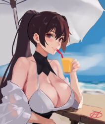 Rule 34 | 1girl, beach, beach umbrella, bikini, blush, breasts, brown hair, cleavage, cloud, cup, drinking straw, hair between eyes, haruto (harut n), holding, kantai collection, large breasts, long hair, looking at viewer, one-hour drawing challenge, ponytail, red eyes, signature, sky, solo, swimsuit, twitter username, umbrella, upper body, yamato (kancolle)