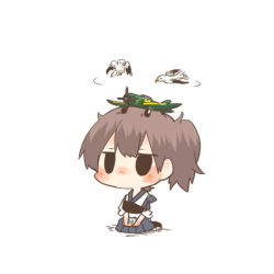 Rule 34 | 10s, 1girl, aircraft, airplane, bird, black eyes, blush, brown hair, chibi, kaga (kancolle), kantai collection, lowres, object on head, rebecca (keinelove), seagull, short hair, side ponytail, sitting, solo