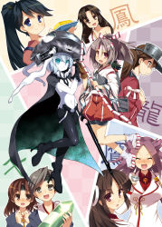 Rule 34 | 10s, 6+girls, :d, :o, abyssal ship, alcohol, aqua eyes, armor, black hair, blue eyes, blush, bodysuit, bottle, bow (weapon), brown eyes, brown hair, cape, chitose (kancolle), chiyoda (kancolle), covered navel, closed eyes, food, gloves, grey eyes, hair ribbon, hat, headband, highres, hiyou (kancolle), hoppege, houshou (kancolle), japanese clothes, jun&#039;you (kancolle), kantai collection, looking at viewer, magatama, monster, multiple girls, muneate, navel, omelet, open mouth, pale skin, partially fingerless gloves, partly fingerless gloves, ponytail, red eyes, red hair, ribbon, ryuujou (kancolle), sake, sake bottle, sandals, shouhou (kancolle), smile, socks, tamagoyaki, turret, weapon, white hair, wo-class aircraft carrier, yugake, zuihou (kancolle)
