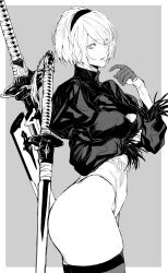 1girl 2b_(nier:automata) absurdres ass breasts cleavage cleavage_cutout clothing_cutout commentary covered_navel curvy feather_trim from_side gloves grey_background greyscale hairband highleg highleg_leotard highres leotard lips long_sleeves looking_at_viewer medium_breasts mole mole_under_mouth monochrome nier:automata nier_(series) nishiii26miii parted_lips puffy_sleeves short_hair simple_background solo sword thighhighs thighs turtleneck weapon weapon_on_back wide_hips