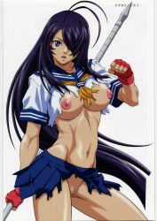Rule 34 | 1girl, blue eyes, blue skirt, breasts, censored, fingerless gloves, gloves, groin, hair over one eye, highres, holding, holding weapon, ikkitousen, kan&#039;u unchou, large breasts, legs, long hair, looking at viewer, mosaic censoring, nipples, no bra, no panties, parted lips, purple hair, pussy, school uniform, serious, simple background, skirt, solo, standing, thighs, torn clothes, weapon, white background