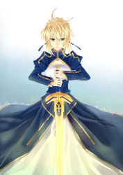 Rule 34 | 1girl, ahoge, artoria pendragon (fate), bad id, bad pixiv id, blonde hair, dress, excalibur (fate/stay night), fate/stay night, fate (series), green eyes, hair ribbon, hand on hilt, hands on hilt, kaleidoscope731, planted sword, planted, ribbon, saber (fate), solo, sword, toshiroo (kaleidoscope), weapon