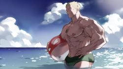 Rule 34 | 1boy, abs, alternate costume, bara, bare pectorals, blonde hair, bulge, character request, creatures (company), day, dizdoodz, game freak, gen 1 pokemon, green male swimwear, green swim briefs, highres, jewelry, large pectorals, male focus, male swimwear, muscular, muscular male, navel, navel hair, necklace, nintendo, nipples, ocean, pectorals, pokemon, pokemon (creature), pokemon hgss, short hair, smile, solo focus, spiked hair, stomach, sunlight, surge (pokemon), swim briefs, swimsuit, thick thighs, thighs, voltorb