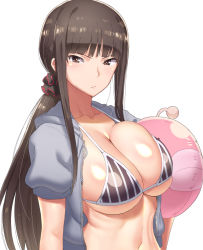 Rule 34 | 10s, 1girl, anglerfish, ball, bikini, blush, breasts, brown eyes, brown hair, cleavage, collarbone, fish, frown, girls und panzer, hair ornament, hair scrunchie, hood, hoodie, inflatable toy, large breasts, long hair, mature female, navel, nishizumi shiho, open clothes, open hoodie, ponytail, scrunchie, shiny skin, simple background, solo, striped bikini, striped clothes, swimsuit, tenchisouha, white background