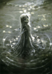 Rule 34 | 1girl, absurdres, blue eyes, blurry, dappled sunlight, depth of field, dress, from above, grey hair, highres, kei (keigarou), long hair, messy hair, mini wings, non-web source, solo, sunlight, swept bangs, very long hair, wading, wings