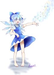 Rule 34 | 1girl, blue eyes, blue hair, bow, cirno, dress, hair bow, highres, ice, matching hair/eyes, open mouth, rosette (roze-ko), short hair, smile, snowflakes, solo, touhou, wings