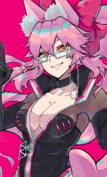 Rule 34 | 1girl, absurdres, animal ears, bodysuit, breasts, cleavage, fate/grand order, fate (series), fox ears, fox girl, glasses, highres, koyanskaya (assassin) (first ascension) (fate), koyanskaya (fate), medium breasts, pink hair, simple background, smile, solo, tamamo (fate), townoise, yellow eyes