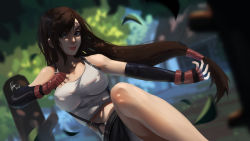 Rule 34 | 1girl, breasts, brown eyes, brown hair, commentary, dappled sunlight, day, detached sleeves, english commentary, fighting stance, final fantasy, final fantasy vii, fingerless gloves, gloves, highres, kicking, lips, long hair, looking at viewer, low-tied long hair, medium breasts, midriff, nose, pencil skirt, red gloves, rosdi, signature, skirt, solo, sunlight, suspenders, tank top, tifa lockhart, very long hair
