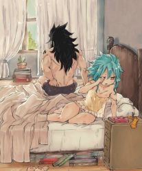 Rule 34 | 1boy, 1girl, bed, chest of drawers, fairy tail, gajeel redfox, indoors, levy mcgarden, nature, open mouth, pajamas, panties, pillow, plant, rusky, sky, underwear, window