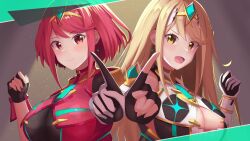 Rule 34 | 2girls, absurdres, bare shoulders, blonde hair, bob cut, breasts, chest jewel, cleavage cutout, clothing cutout, drop earrings, earrings, elbow gloves, fingerless gloves, gloves, highres, impossible clothes, index finger raised, jewelry, large breasts, long hair, multiple girls, mythra (xenoblade), neon trim, pyra (xenoblade), red eyes, red hair, shiratamaaji, short hair, short sleeves, skindentation, sleeveless, swept bangs, tiara, upper body, very long hair, xenoblade chronicles (series), xenoblade chronicles 2, yellow eyes