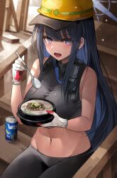 Rule 34 | 1girl, bare shoulders, black hair, blue archive, blue eyes, blush, can, colorless (shachiwhitebb), drink can, eating, food, gloves, hard hat, helmet, highres, holding, holding food, long hair, looking at viewer, midriff, open mouth, saori (blue archive), soda can, spoon, sweatdrop, teeth, upper teeth only