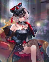 Rule 34 | 1girl, armchair, bare shoulders, black dress, blurry, blurry background, breasts, brown hair, candle, candlestand, chair, claws, closed mouth, crossed legs, detached collar, dress, elbow gloves, elu (10th costume) (nijisanji), elu (nijisanji), feet out of frame, gloves, hairband, hand up, indoors, jewelry, kojijima, lace thighhighs, looking at viewer, medium breasts, medium hair, necklace, nijisanji, pointy ears, red eyes, red gloves, sidelocks, single thighhigh, sitting, smile, solo, strapless, strapless dress, thighhighs, twitter username, virtual youtuber, watermark
