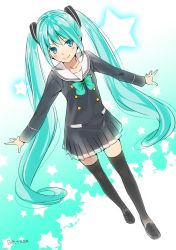 Rule 34 | 1girl, 2015, ama mitsuki, aqua background, aqua eyes, aqua hair, black thighhighs, blush, bow, bowtie, dated, dress, full body, green bow, green bowtie, hatsune miku, long hair, looking at viewer, sailor dress, skirt, smile, solo, split mouth, thighhighs, twintails, very long hair, vocaloid, wrists extended, zettai ryouiki
