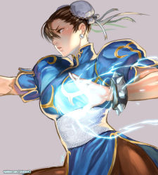 Rule 34 | 1girl, blue dress, blush, bracelet, brown eyes, brown hair, brown pantyhose, bun cover, capcom, china dress, chinese clothes, chun-li, commentary, double bun, dress, earrings, fighting stance, hair bun, jewelry, kikouken, pantyhose, parted lips, pelvic curtain, puffy short sleeves, puffy sleeves, rejean dubois, sash, short sleeves, side slit, solo, spiked bracelet, spikes, street fighter, twitter username
