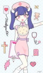 Rule 34 | 1girl, :d, bandaid, blood, blood splatter, character name, clipboard, cross, dress, earrings, hat, heart, heart-shaped pupils, highres, intravenous drip, jewelry, looking at viewer, loose socks, makyuuu (mmdy), middle finger, nurse cap, open mouth, original, pill, polka dot, polka dot background, purple hair, red eyes, signature, smile, socks, solo, stethoscope, stuffed animal, stuffed toy, symbol-shaped pupils, teddy bear, tight clothes, tight dress, twintails, veins