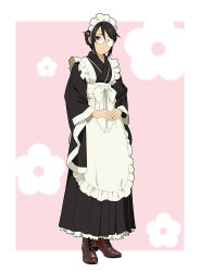 Rule 34 | 1girl, apron, black kimono, blue eyes, boots, cross-laced footwear, expressionless, frilled apron, frilled kimono, frills, glasses, hair bun, hair ornament, hairclip, head tilt, high heel boots, high heels, japanese clothes, kimono, lace-up boots, looking at viewer, maid, maid headdress, original, outside border, own hands together, round eyewear, short hair, sidelocks, single hair bun, solo, standing, suzushiro (suzushiro333), wa maid, wide sleeves
