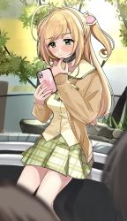 Rule 34 | 1girl, ahoge, black mask, blurry, blurry background, blush, bored, bow, bracelet, brown cardigan, cardigan, cellphone, expressionless, green bow, green eyes, green skirt, hair bow, half-closed eyes, heart, highres, holding, holding phone, idolmaster, idolmaster cinderella girls, jewelry, light brown hair, long hair, looking at phone, mask, mask pull, miniskirt, mouth mask, nail polish, outdoors, phone, pink bow, pink nails, plaid, plaid bow, plaid skirt, plant, pleated skirt, sailor collar, sato shin, school uniform, shirt, sitting, skirt, smartphone, solo focus, swept bangs, two side up, winged heart, wings, yellow sailor collar, yellow shirt, yuzuhota0313