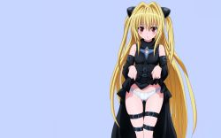 Rule 34 | 00s, bare shoulders, blonde hair, blush, clothes lift, detached sleeves, highres, konjiki no yami, long hair, non-web source, panties, red eyes, skirt, skirt lift, solo, strap, thigh strap, to love-ru, twintails, two side up, underwear, very long hair, wallpaper