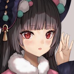 Rule 34 | 1girl, black hair, blunt bangs, commentary request, eyeshadow, fur scarf, genshin impact, hairband, lolita hairband, long hair, long sleeves, looking at viewer, makeup, parted lips, portrait, red eyes, red eyeshadow, scarf, sidelocks, simple background, solo, white scarf, yun jin (genshin impact), yutian alice