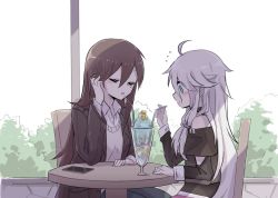 Rule 34 | 2girls, adjusting hair, bare shoulders, black shirt, blue eyes, brown hair, cellphone, cevio, chair, commentary, drink, drinking straw, closed eyes, ia (vocaloid), jacket, long hair, master (vocaloid), multiple girls, nejikyuu, phone, platinum blonde hair, shared drink, shirt, smartphone, sweatdrop, table, very long hair, vest, vocaloid, yuri