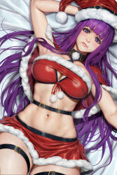 Rule 34 | 1girl, bikini, blunt bangs, breasts, capelet, closed mouth, fern (sousou no frieren), fur-trimmed bikini, fur-trimmed capelet, fur-trimmed skirt, fur trim, hat, highres, large breasts, long hair, looking at viewer, lying, navel, neoartcore, on back, purple eyes, purple hair, purple pupils, red bikini, santa bikini, santa hat, skirt, solo, sousou no frieren, straight hair, swimsuit, thigh strap