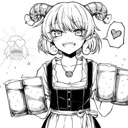 Rule 34 | 1girl, alcohol, alternate costume, apron, beer, beer mug, commentary request, cup, curly hair, eagle spirit (touhou), greyscale, heart, heart-shaped pupils, horn ornament, horn ribbon, horns, jewelry, monochrome, mug, necklace, ribbon, sheep horns, symbol-shaped pupils, touhou, toutetsu yuuma, waist apron, yonoisan