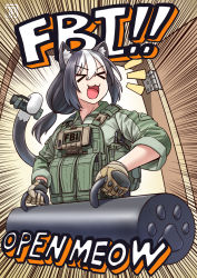 Rule 34 | !, !!, &gt; &lt;, 1girl, :3, alternate costume, ammunition pouch, animal ear fluff, animal ears, artist logo, battering ram, black hair, body armor, brown gloves, buckle, cat ears, cat tail, closed eyes, commentary, dated, emphasis lines, english commentary, english text, fbi, fbi open up, flashbang, gloves, green jacket, green shirt, highres, holding, holding with tail, jacket, jpc, load bearing vest, long hair, low-tied long hair, low ponytail, meme, multicolored hair, notice lines, open door, open mouth, original, pouch, prehensile tail, shirt, sleeves rolled up, snap-fit buckle, solo, streaked bangs, streaked hair, tactical clothes, tail, tail hold, two-tone hair, upper body, v-shaped eyebrows, white hair