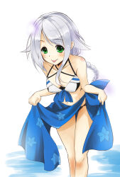 Rule 34 | 1girl, adapted costume, bikini, black bikini, blue sarong, braid, breasts, cleavage, curtsey, feet out of frame, green eyes, hair tie, highres, holding, kantai collection, leaning forward, long hair, looking at viewer, medium breasts, mole, mole under eye, official alternate costume, parted bangs, sarong, sarong hold, simple background, solo, standing, swimsuit, taisinkoku, tongue, tongue out, umikaze (kancolle), very long hair, white background, white hair