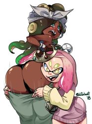 Rule 34 | 2girls, ass, assisted exposure, black panties, clothes pull, dark-skinned female, dark skin, embarrassed, from behind, highres, inkling, looking back, marina (splatoon), mole, mole on ass, multiple girls, nintendo, octoling, panties, pants, pants pull, pantsing, pearl (splatoon), pulling another&#039;s clothes, radlionheart, splatoon (series), splatoon 2, splatoon 2: octo expansion, tentacle hair, transparent background, underwear