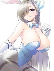 Rule 34 | 1girl, animal ears, asuna (blue archive), asuna (bunny) (blue archive), bare shoulders, blue archive, blue bow, blue bowtie, blue eyes, blue leotard, bow, bowtie, breasts, cleavage, collarbone, covered navel, cowboy shot, detached collar, elbow gloves, fake animal ears, from side, gloves, grin, hair over one eye, halo, hand up, hanging breasts, highleg, highleg leotard, highres, large breasts, leaning forward, leotard, light brown hair, long hair, looking at viewer, mole, mole on breast, official alternate costume, pantyhose, pataneet, playboy bunny, rabbit ears, smile, strapless, strapless leotard, thighband pantyhose, traditional bowtie, very long hair, white gloves