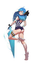 Rule 34 | 1girl, absurdres, ahoge, ass, bare shoulders, black bow, black gloves, blue hair, bow, from behind, gloves, glowing, gwen (league of legends), hair bow, highres, league of legends, long hair, looking at viewer, looking back, nicassio, one-piece swimsuit, one eye closed, simple background, smile, solo, striped clothes, striped one-piece swimsuit, swimsuit, twintails, umbrella, white background, white footwear