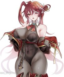 Rule 34 | 1girl, azu livyatan, breasts, cleavage, drill hair, heterochromia, highres, hololive, houshou marine, houshou marine (marching band), large breasts, long hair, looking at viewer, pirate, red eyes, red hair, see-through, see-through cleavage, solo, twin drills, twintails, very long hair, virtual youtuber, yellow eyes